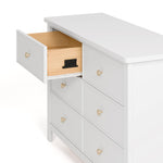 sasha 6 drawer white dresser with top left drawer open showing interlocking mechanism