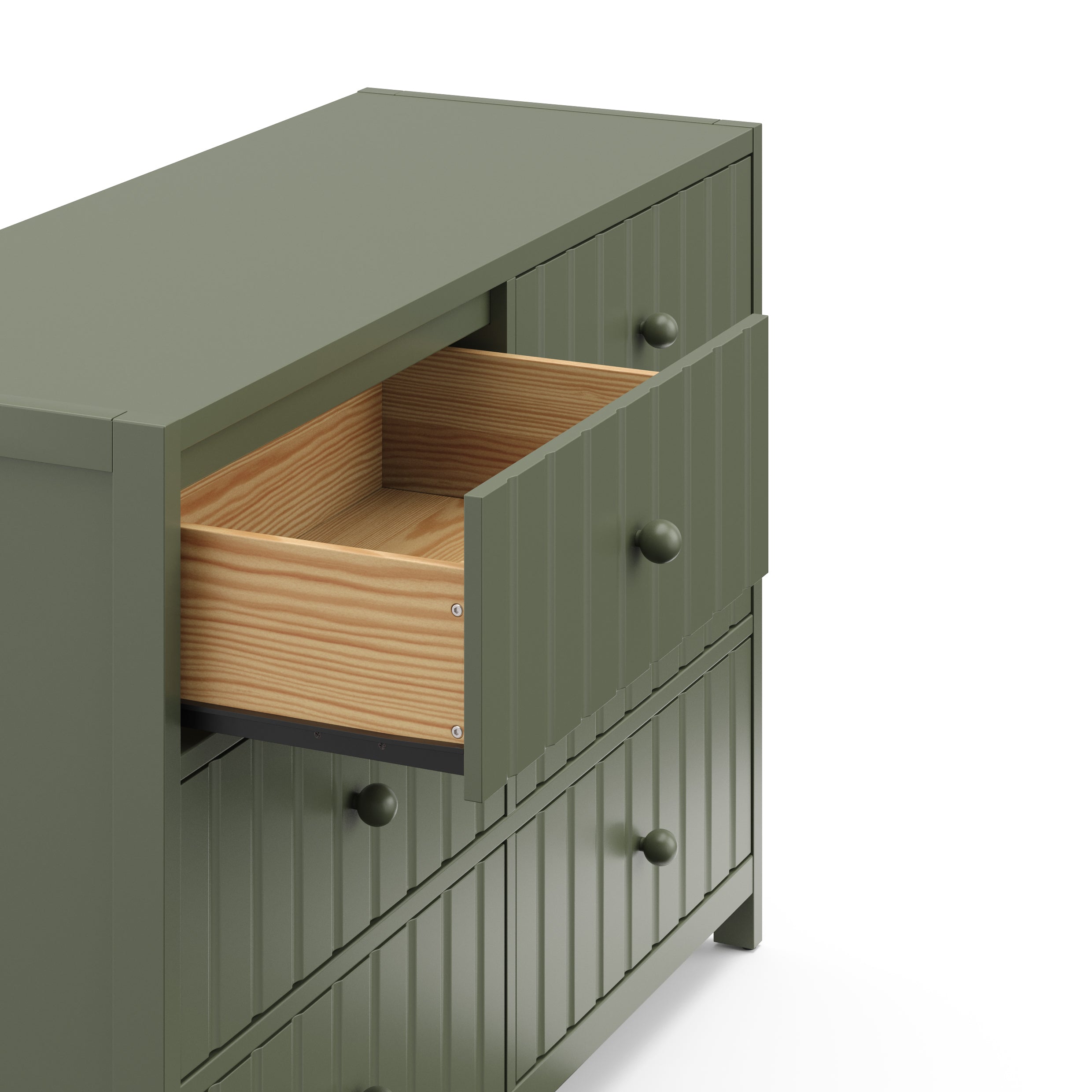 teddi 6 drawer olive dresser angle side view with left drawer open