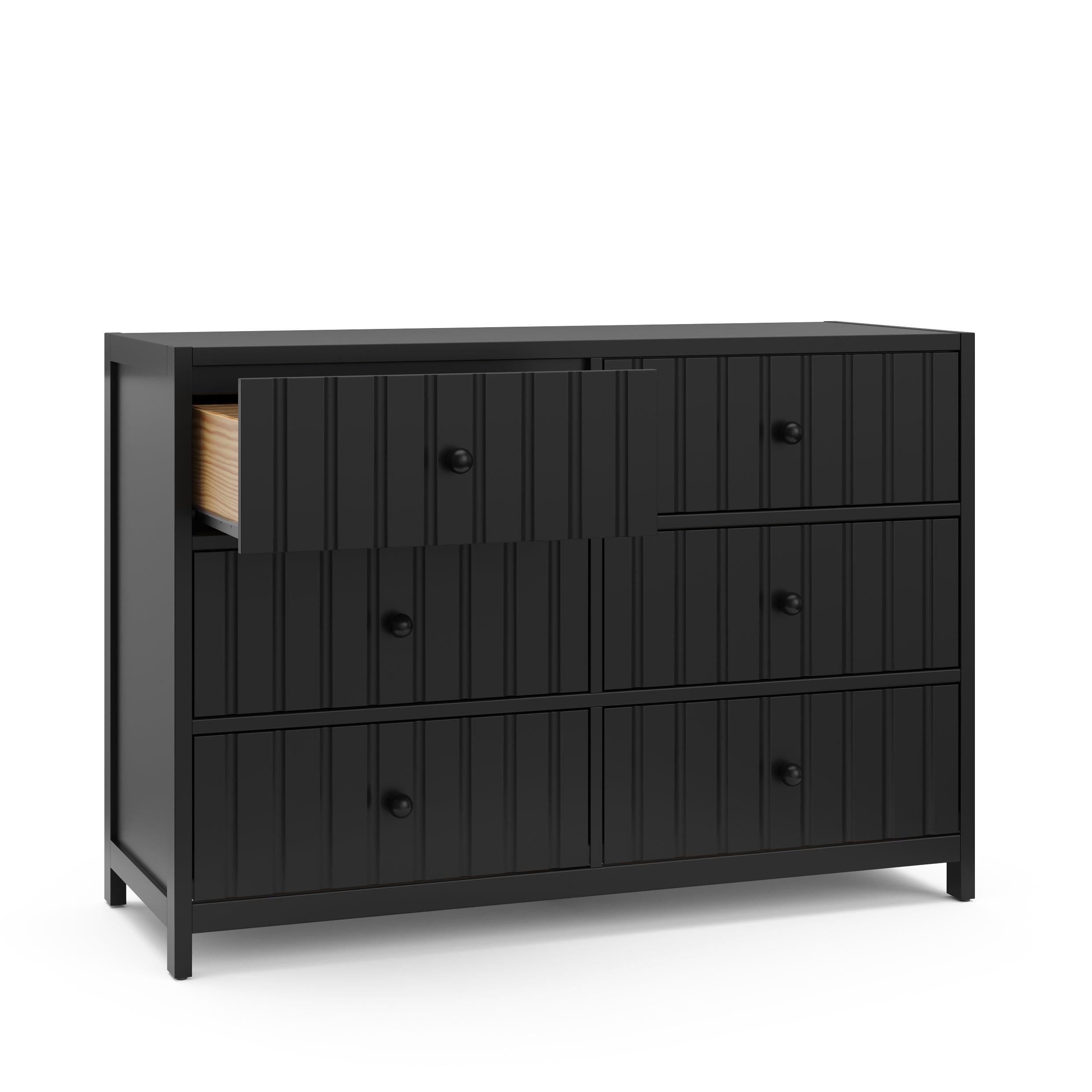 teddi 6 drawer black dresser angle view with left drawer open