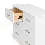 classic white 6 drawer dresser angle side view with top left drawer open showing interlocking drawer mechanism