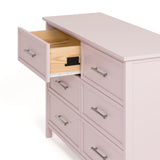 classic blush 6 drawer dresser angle side view with top left drawer open showing interlocking drawer mechanism