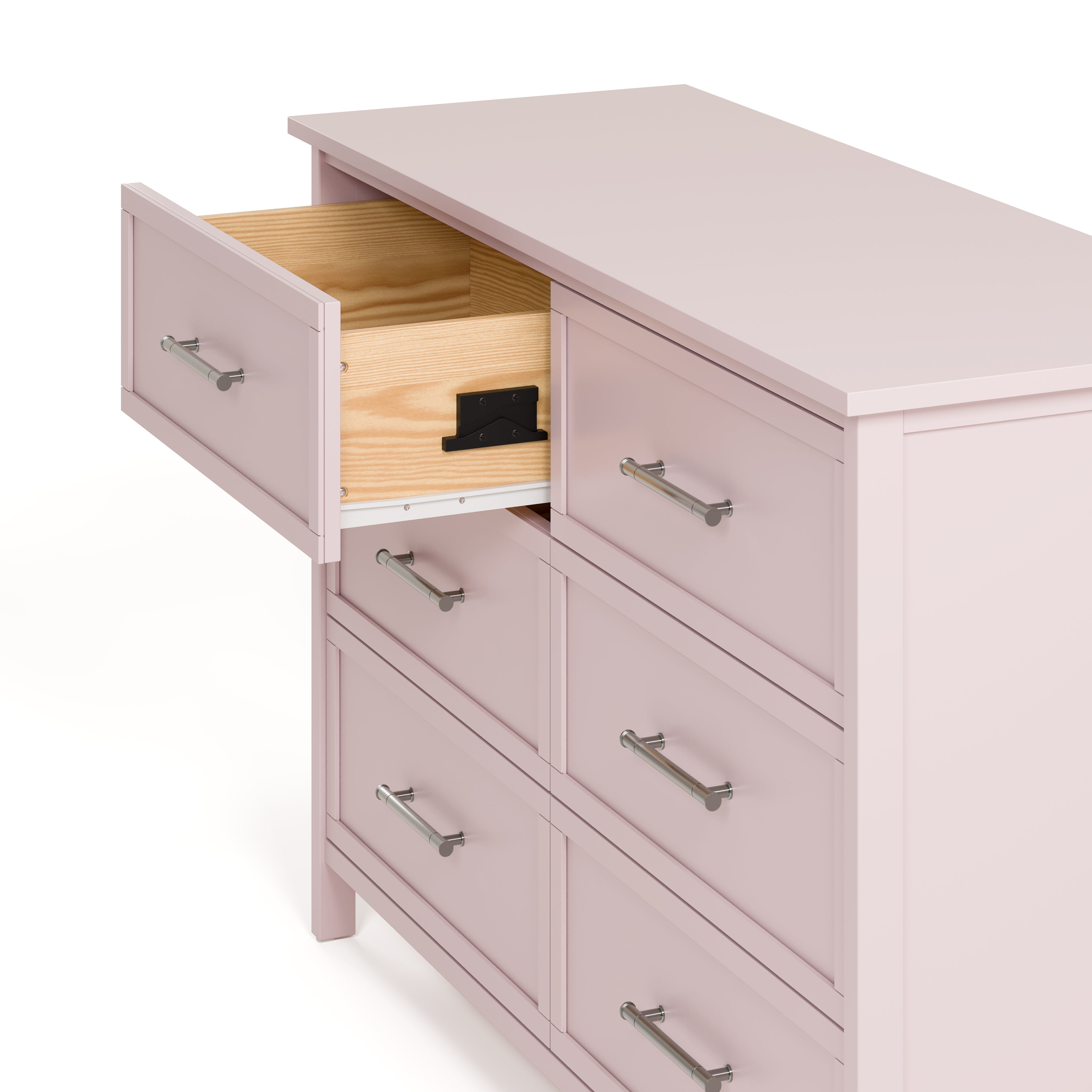 classic blush 6 drawer dresser angle side view with top left drawer open showing interlocking drawer mechanism