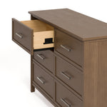 classic hazelnut 6 drawer dresser angle side view with top left drawer open showing interlocking drawer mechanism
