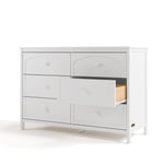 Olivia white 6 drawer dresser angle view with middle right drawer open