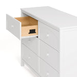 Olivia white 6 drawer dresser side view of top left drawer open showing interlocking drawer mechanism