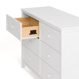 Olivia white 6 drawer dresser side view of top left drawer open showing interlocking drawer mechanism