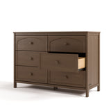 Olivia hazelnut 6 drawer dresser angle view with middle right drawer open