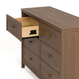 Olivia hazelnut 6 drawer dresser side view of top left drawer open showing interlocking drawer mechanism