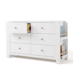 Angle view of Read-with-Me 6 drawer dresser in white with driftwood with top left drawer open