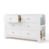 Angle view of Read-with-Me 6 drawer dresser in white with driftwood with top left drawer open