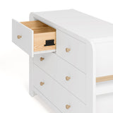 Angle view of Read-with-Me 6 drawer dresser in white with driftwood with top left drawer open showing interlocking drawer mechanism