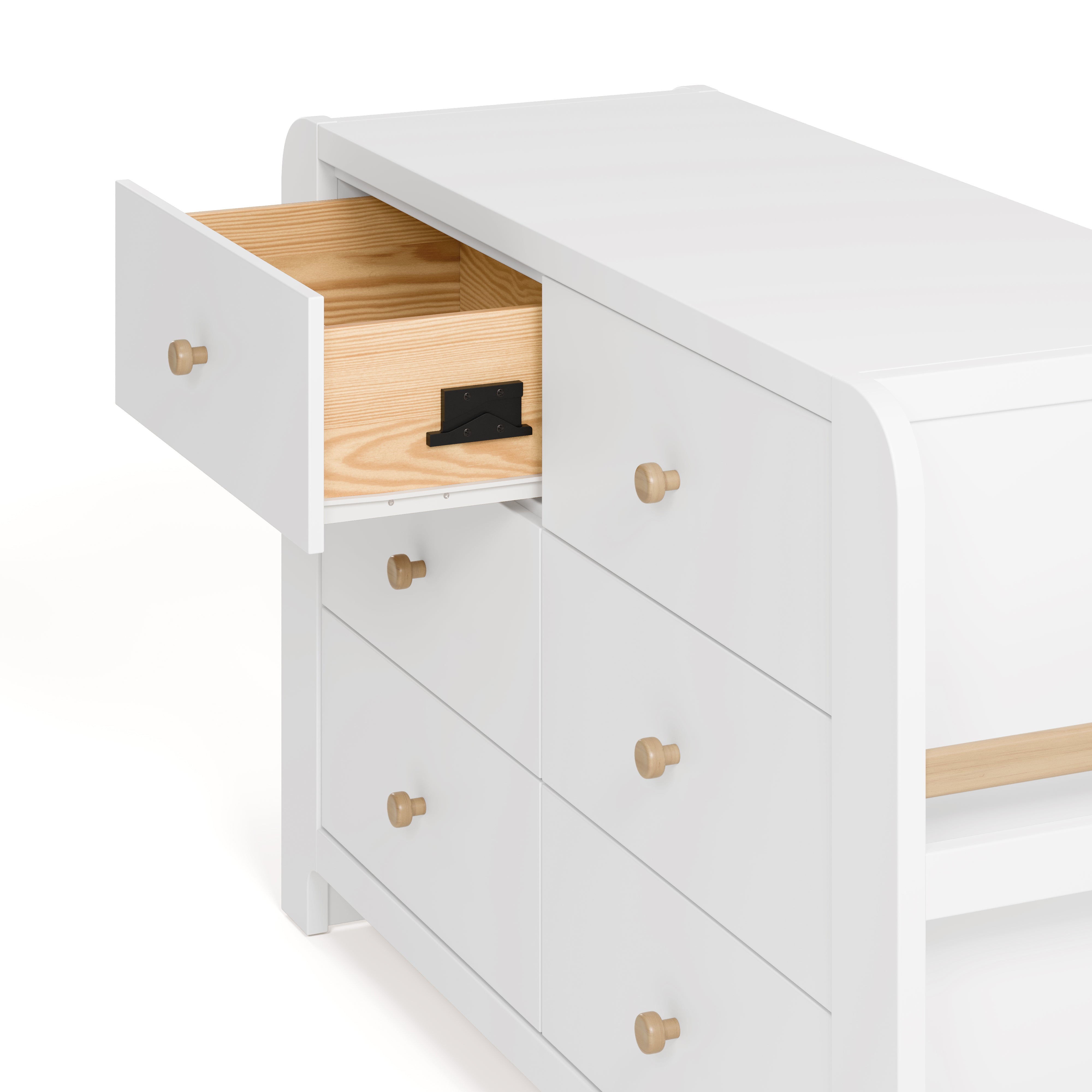 Angle view of Read-with-Me 6 drawer dresser in white with driftwood with top left drawer open showing interlocking drawer mechanism