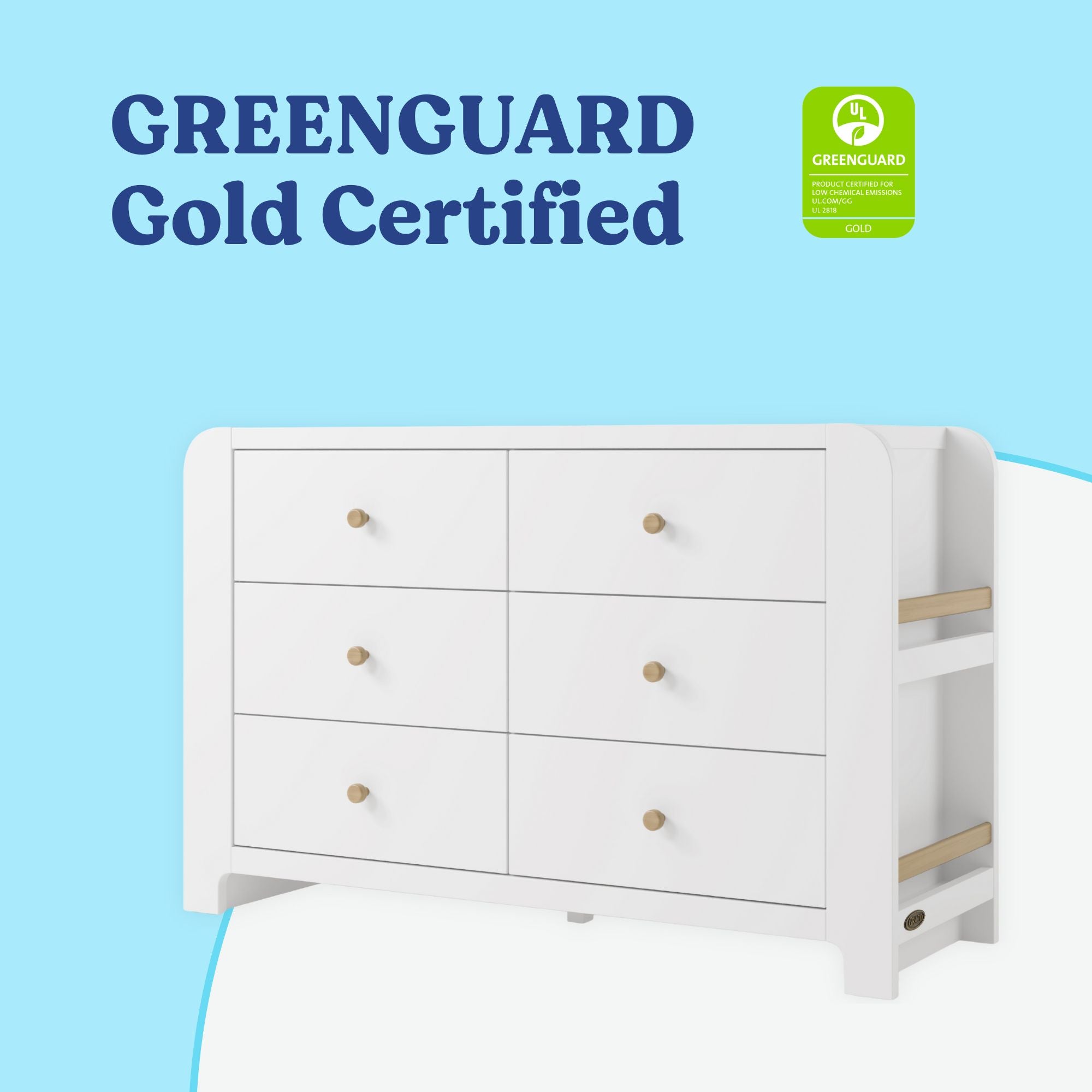 Read-with-Me 6 drawer dresser in white with driftwood GREENGUARD Gold Certified callout