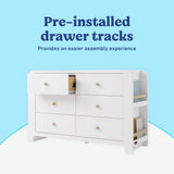 Read-with-Me 6 drawer dresser in white with driftwood pre-installed drawer tracks callout
