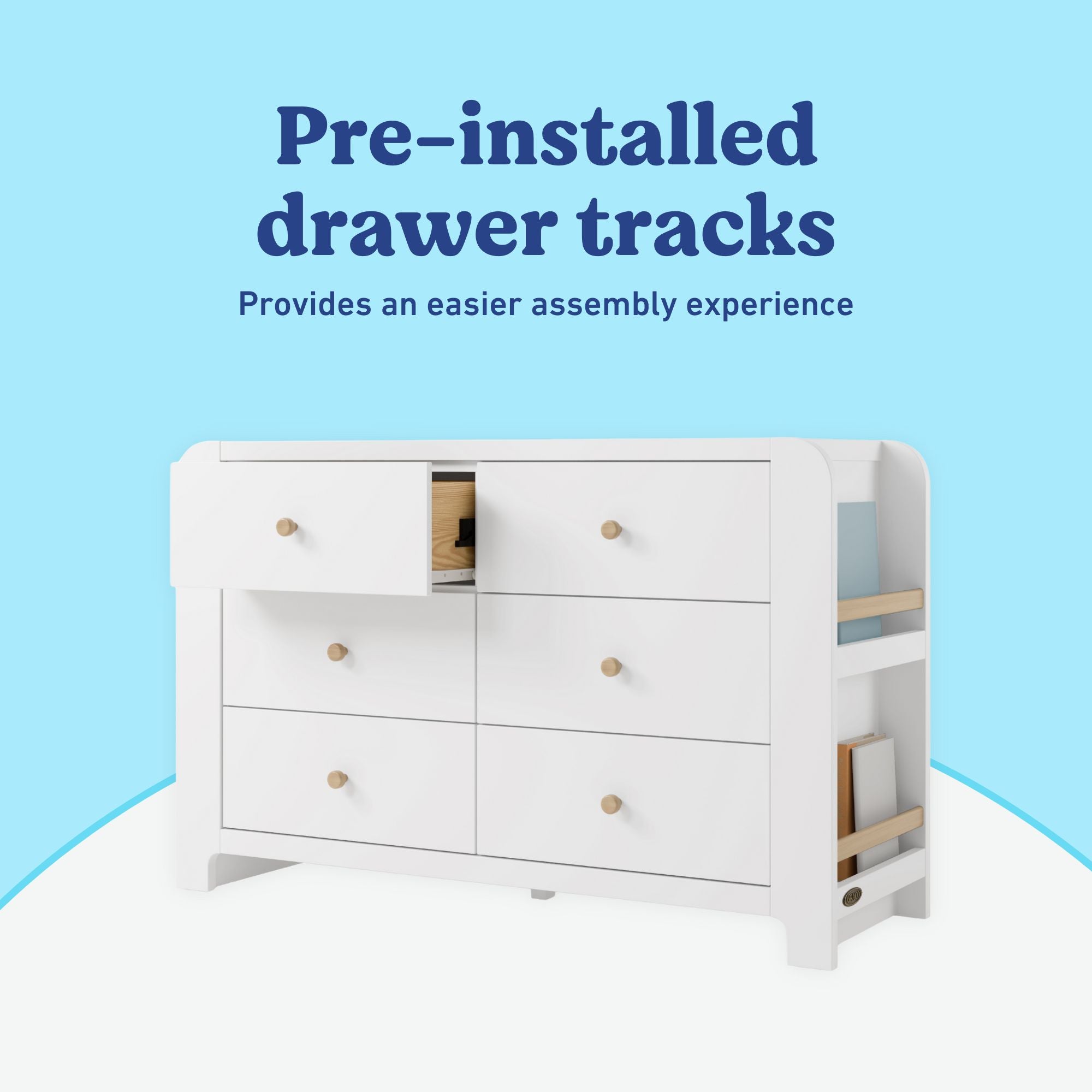 Read-with-Me 6 drawer dresser in white with driftwood pre-installed drawer tracks callout