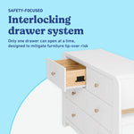 Read-with-Me 6 drawer dresser in white with driftwood interlocking drawer callout
