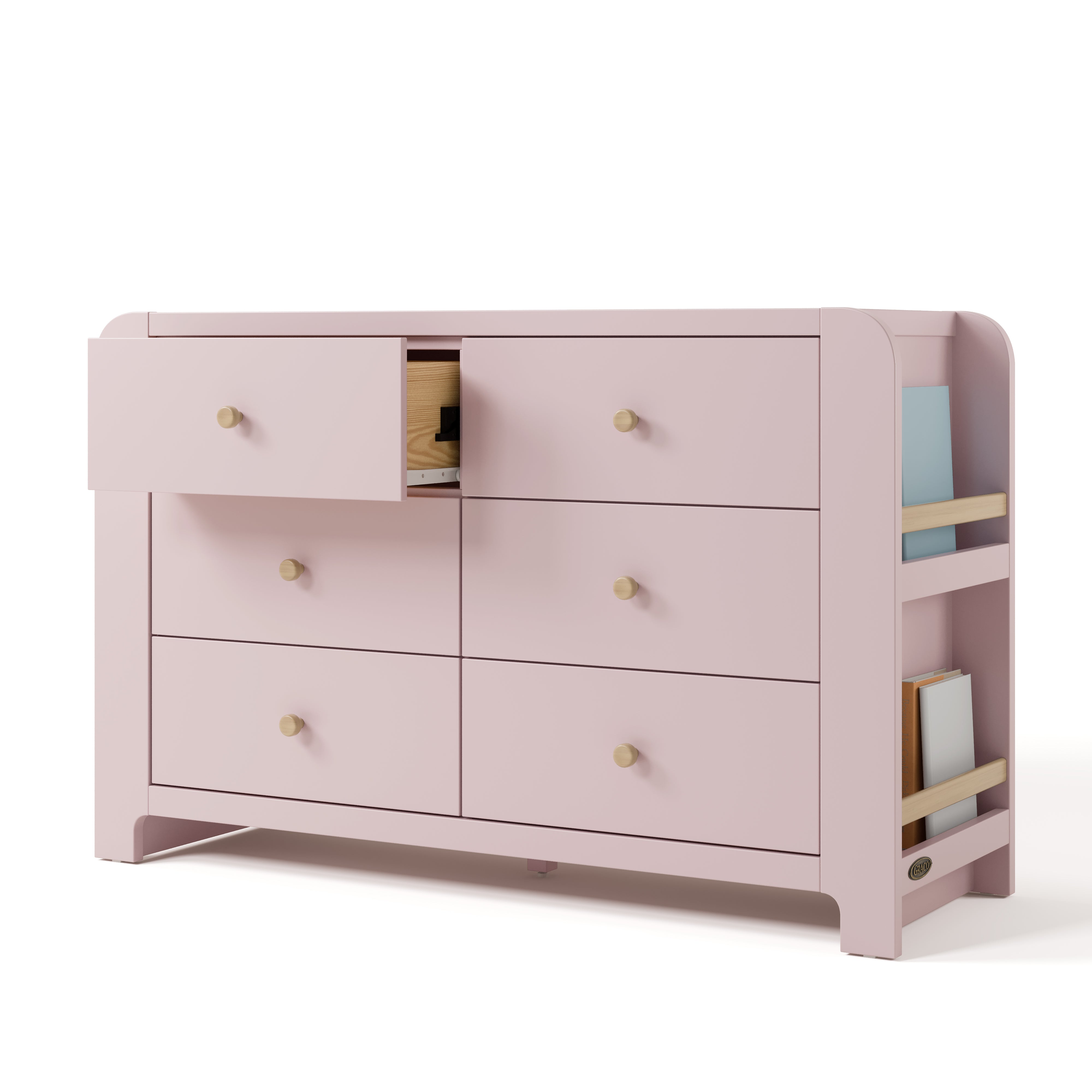 Angle view of Read-with-Me 6 drawer dresser in blush with driftwood with top left drawer open