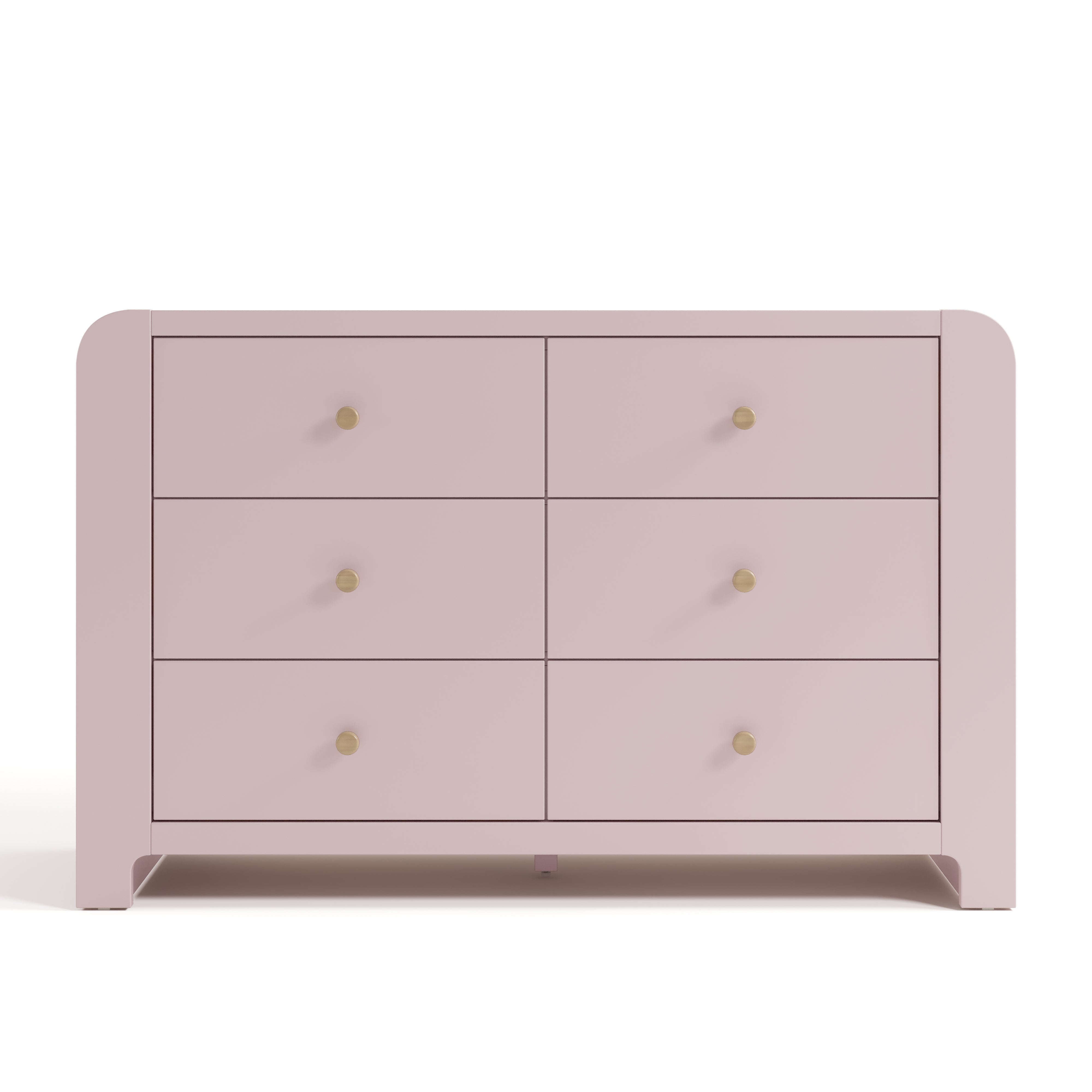 Front view of Read-with-Me 6 drawer dresser in blush with driftwood