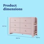 Read-with-Me 6 drawer dresser in blush with driftwood with dimensions