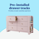 Read-with-Me 6 drawer dresser in blush with driftwood pre-installed drawer tracks callout