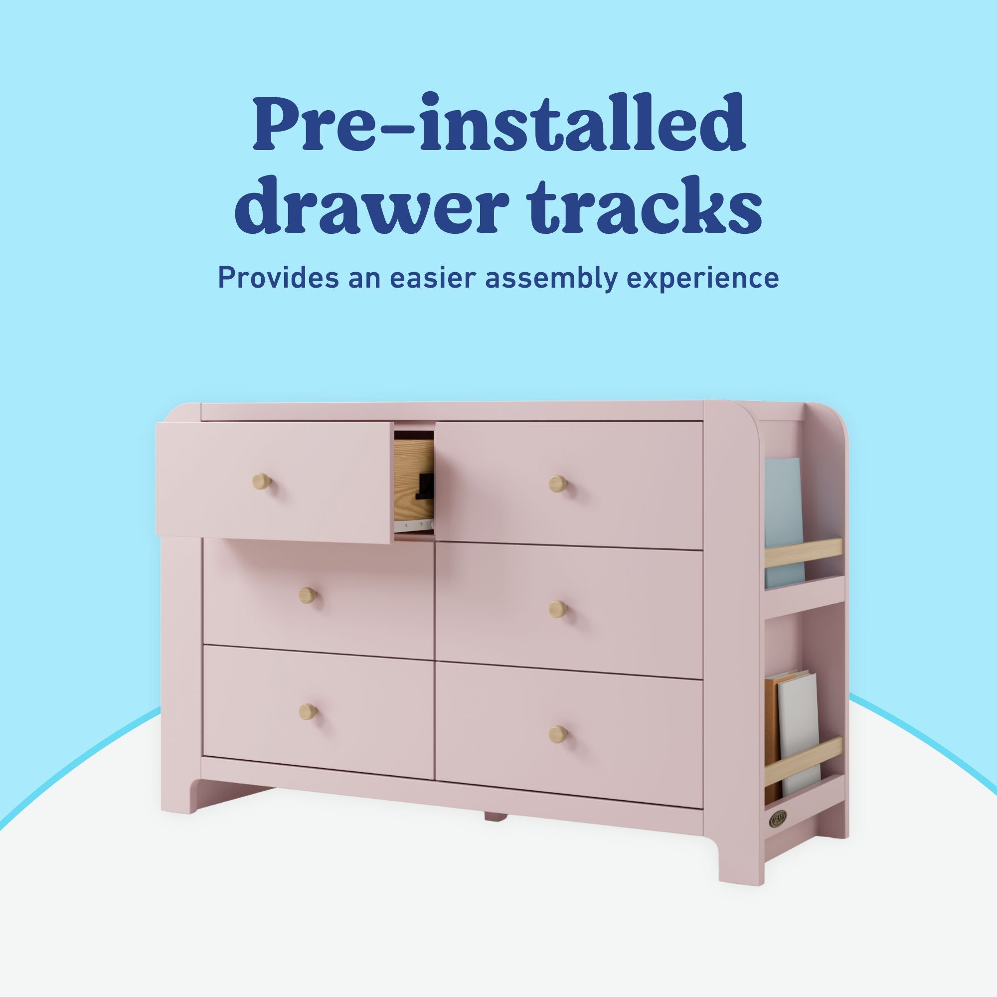 Read-with-Me 6 drawer dresser in blush with driftwood pre-installed drawer tracks callout