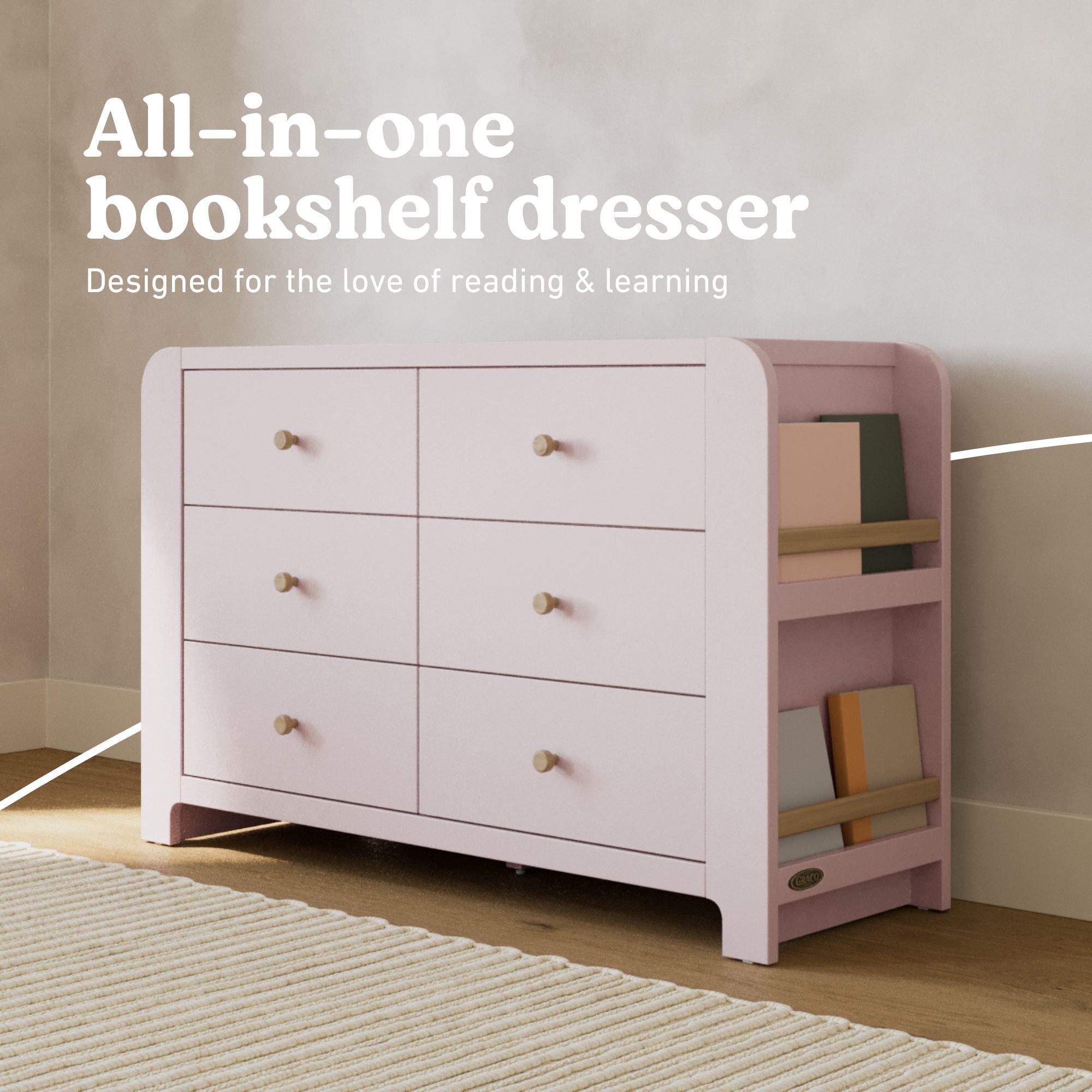 Read-with-Me 6 drawer dresser in blush with driftwood all-in-one callout