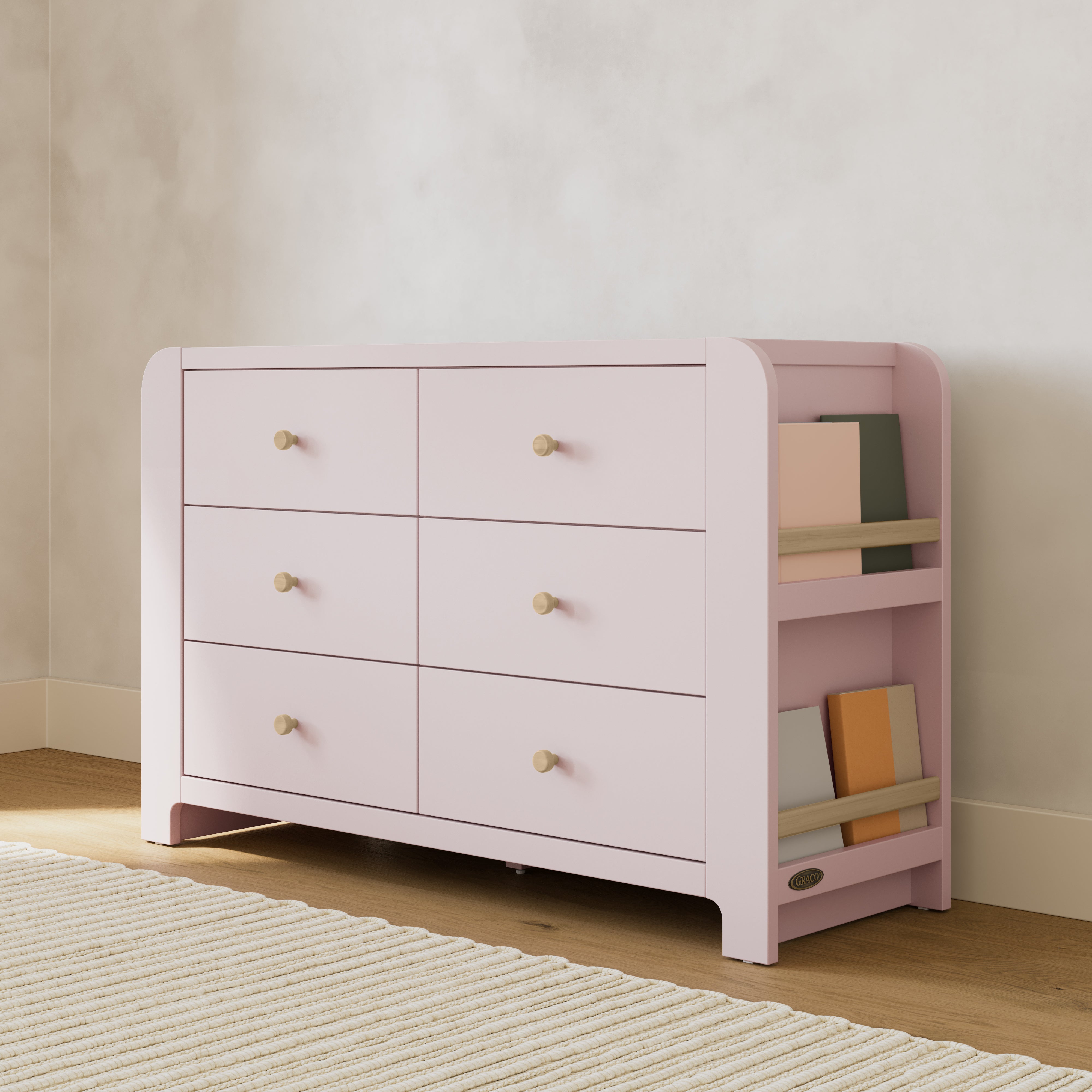 Read-with-Me 6 drawer dresser in blush with driftwood in nursery
