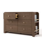 Angle view of Read-with-Me 6 drawer dresser in hazelnut with driftwood with top left drawer open