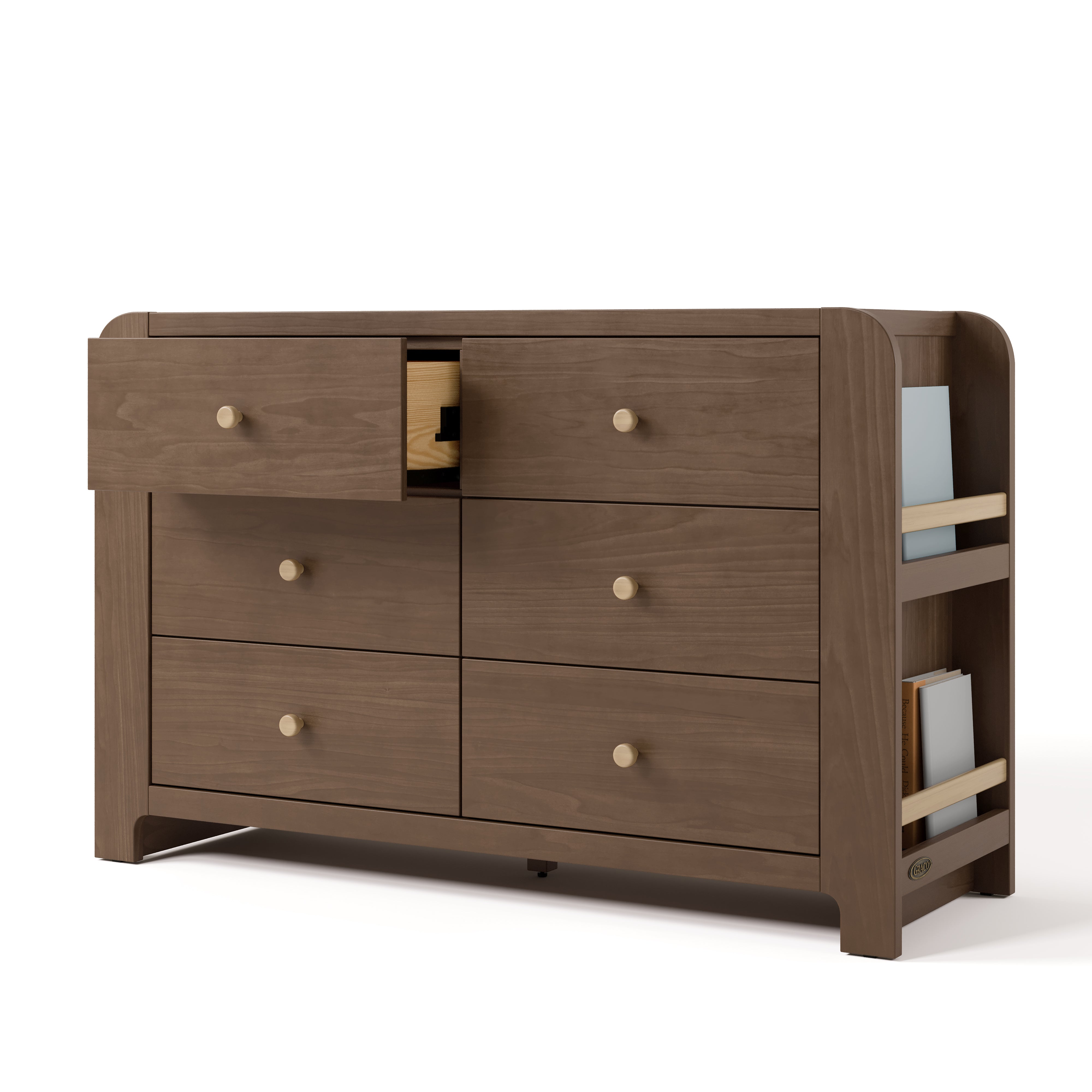 Angle view of Read-with-Me 6 drawer dresser in hazelnut with driftwood with top left drawer open