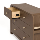 Angle view of Read-with-Me 6 drawer dresser in hazelnut with driftwood with top left drawer open showing interlocking drawer mechanism