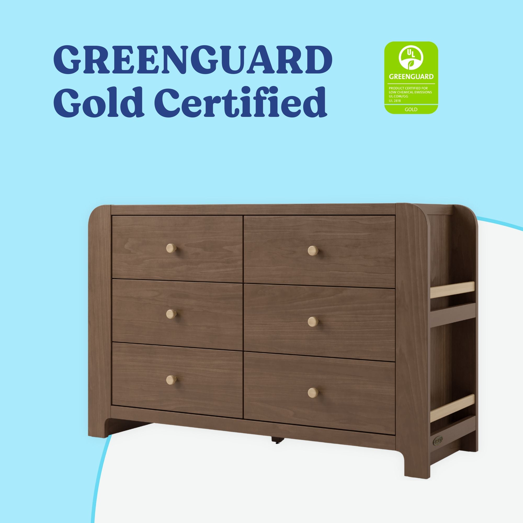 Read-with-Me 6 drawer dresser in hazelnut with driftwood GREENGUARD Gold Certified callout