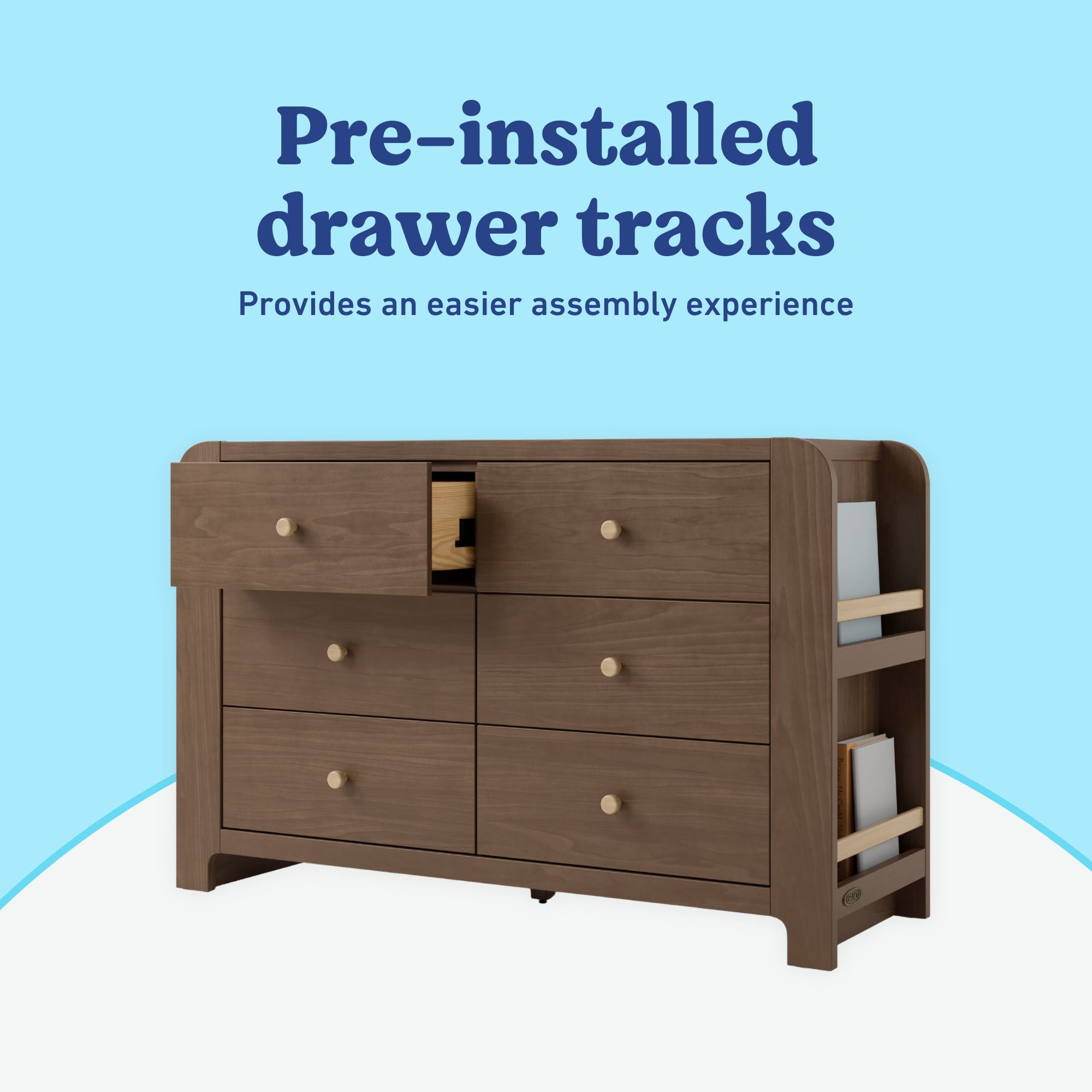 Read-with-Me 6 drawer dresser in hazelnut with driftwood pre-installed drawer tracks callout