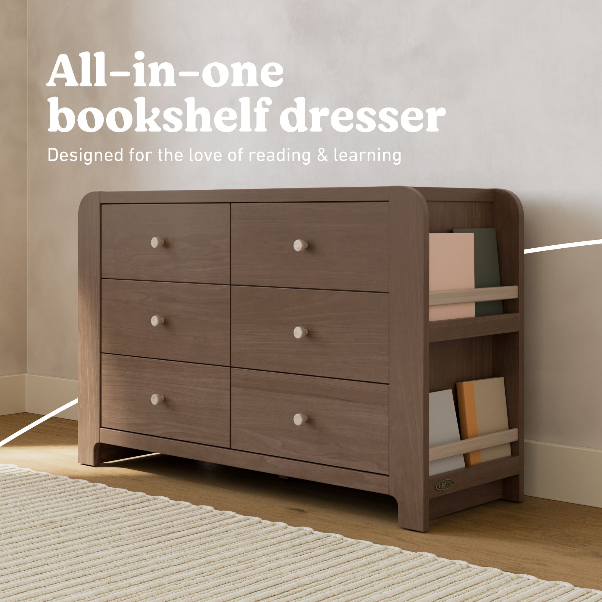 Read-with-Me 6 drawer dresser in hazelnut with driftwood all-in-one callout