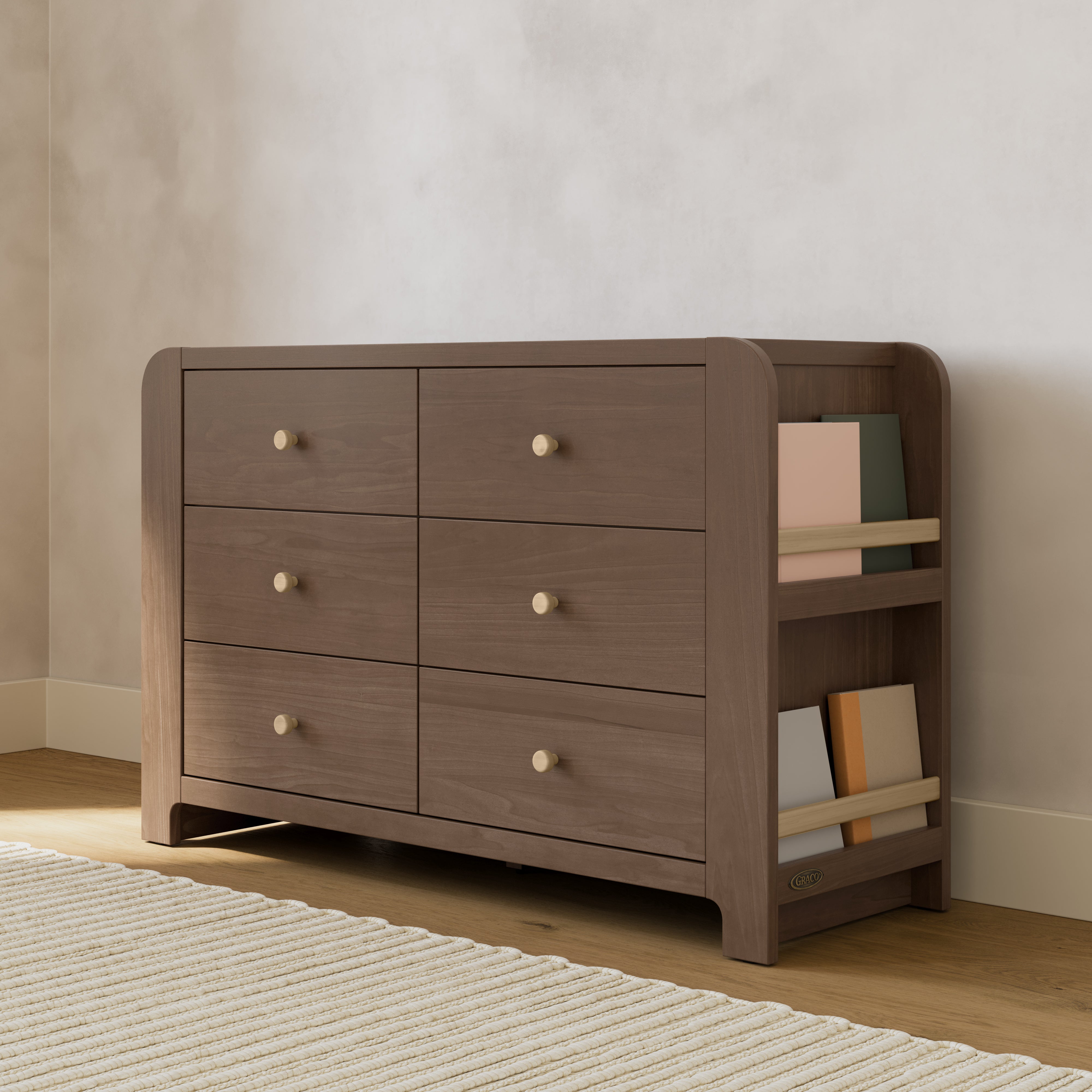 Read-with-Me 6 drawer dresser in hazelnut with driftwood in nursery