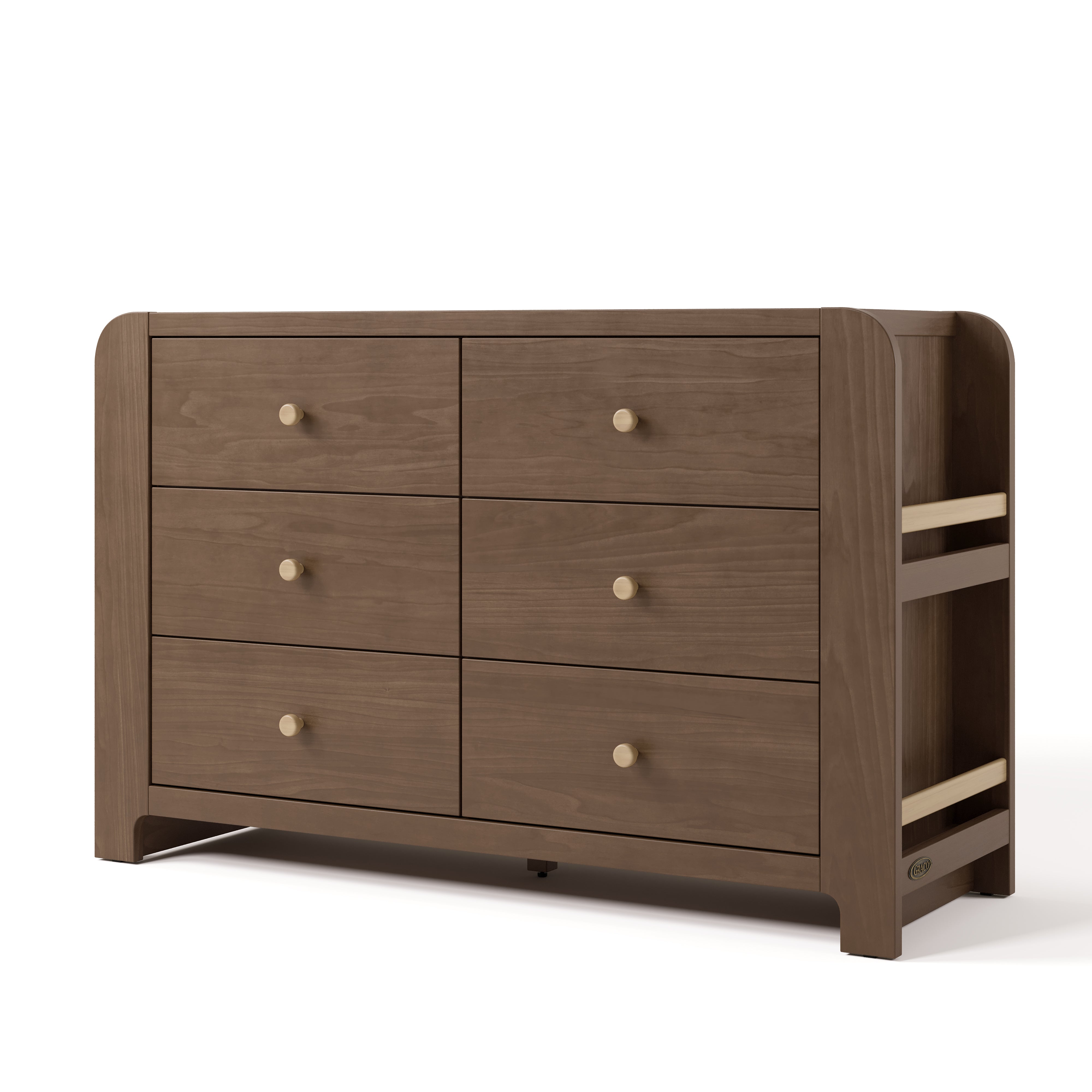 Angle view of Read-with-Me 6 drawer dresser in hazelnut with driftwood
