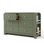 Angle view of Read-with-Me 6 drawer dresser in olive with driftwood with top left drawer open