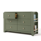 Angle view of Read-with-Me 6 drawer dresser in olive with driftwood with top left drawer open