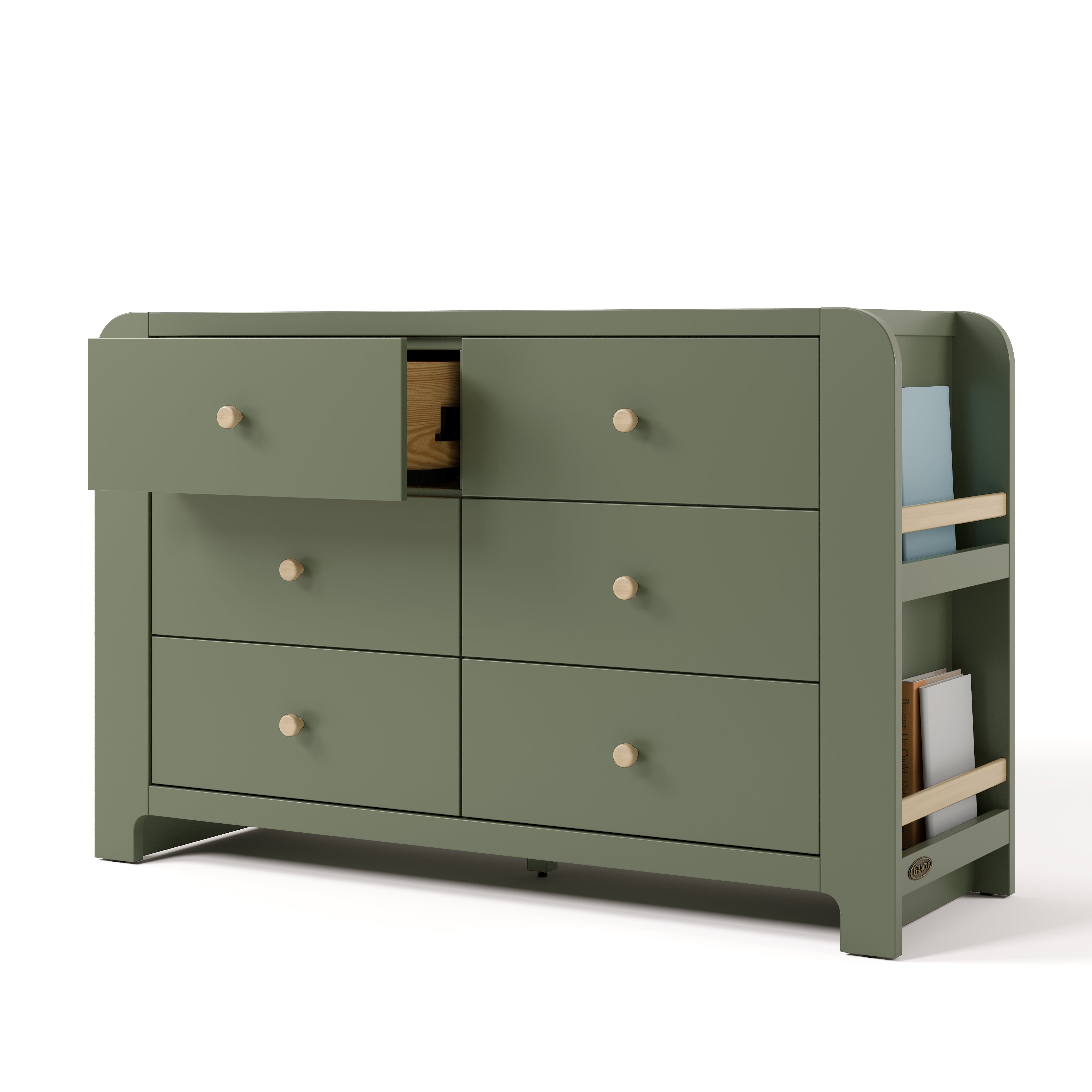 Angle view of Read-with-Me 6 drawer dresser in olive with driftwood with top left drawer open
