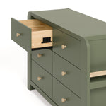 Angle view of Read-with-Me 6 drawer dresser in olive with driftwood with top left drawer open showing interlocking drawer mechanism