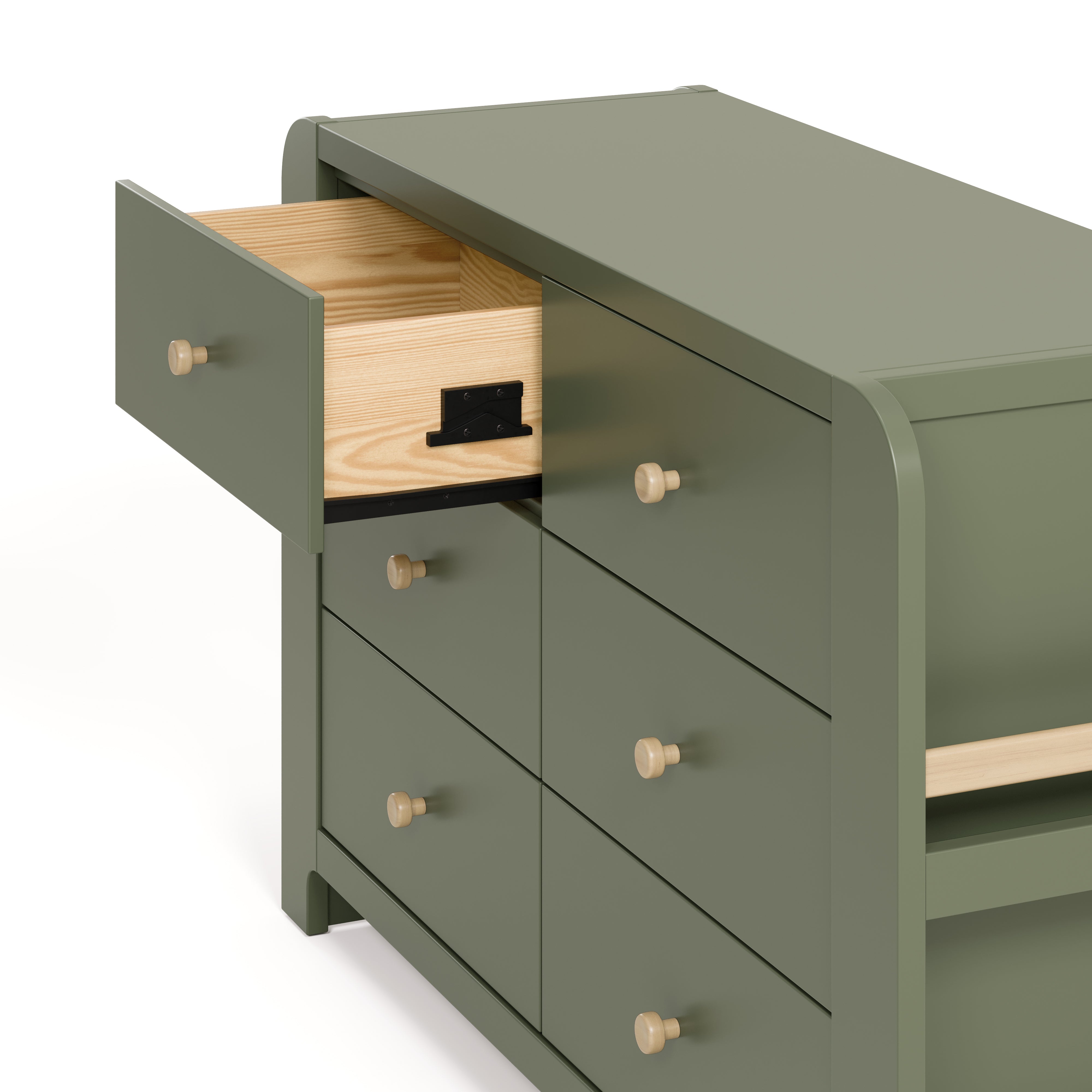 Angle view of Read-with-Me 6 drawer dresser in olive with driftwood with top left drawer open showing interlocking drawer mechanism