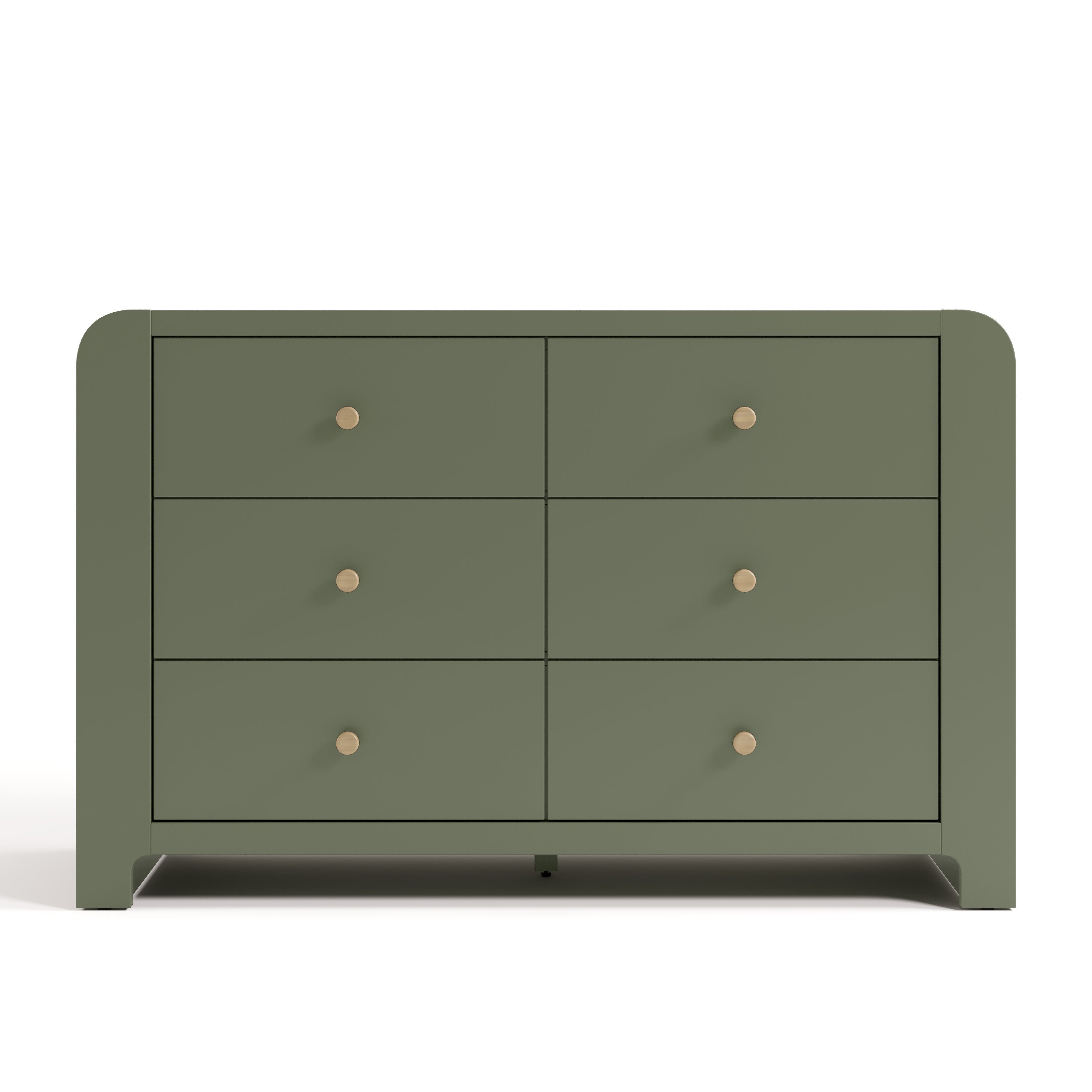 Front view of Read-with-Me 6 drawer dresser in olive with driftwood