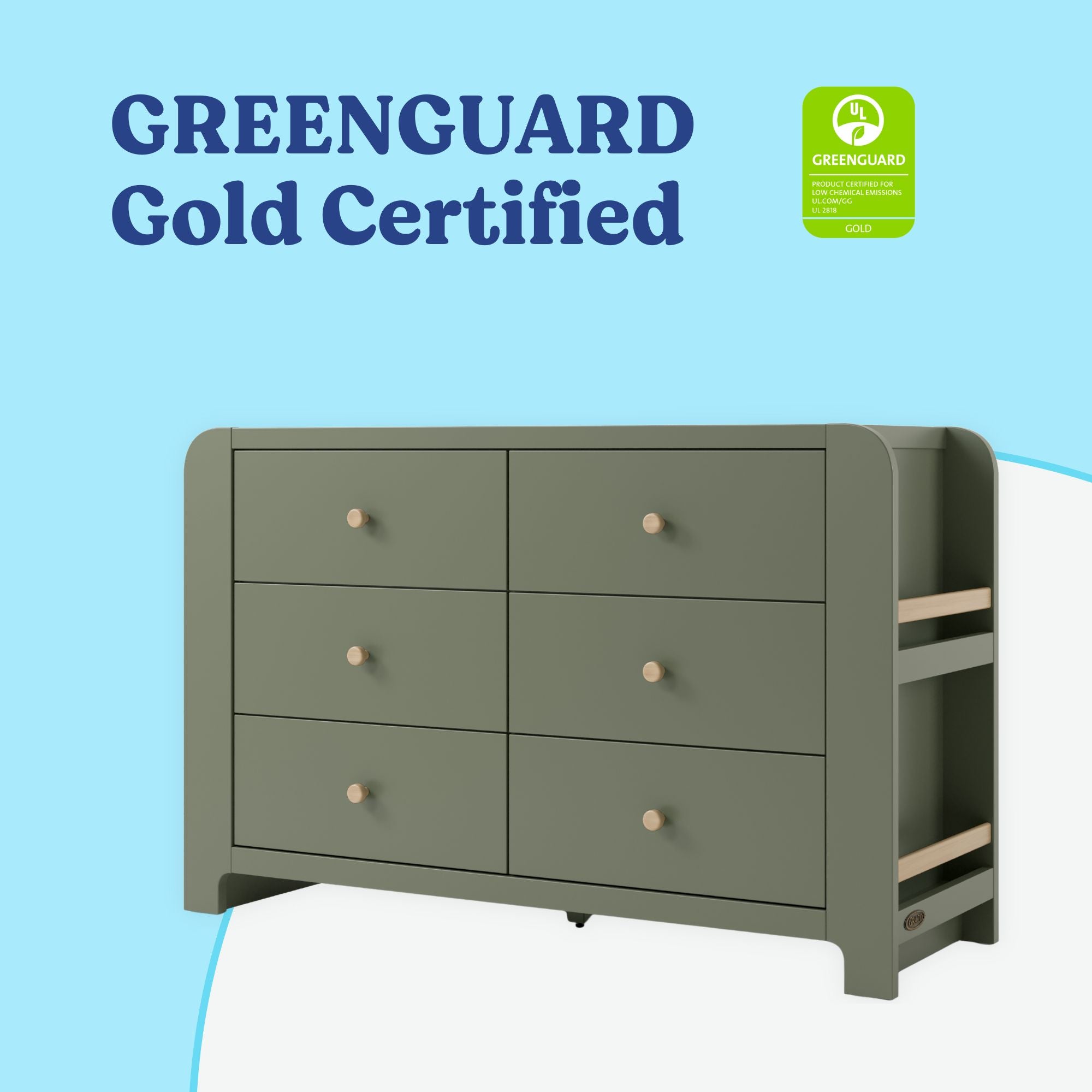 Read-with-Me 6 drawer dresser in olive with driftwood GREENGUARD Gold Certified callout