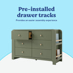 Read-with-Me 6 drawer dresser in olive with driftwood pre-installed drawer tracks callout
