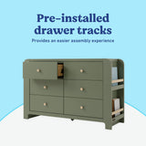 Read-with-Me 6 drawer dresser in olive with driftwood pre-installed drawer tracks callout