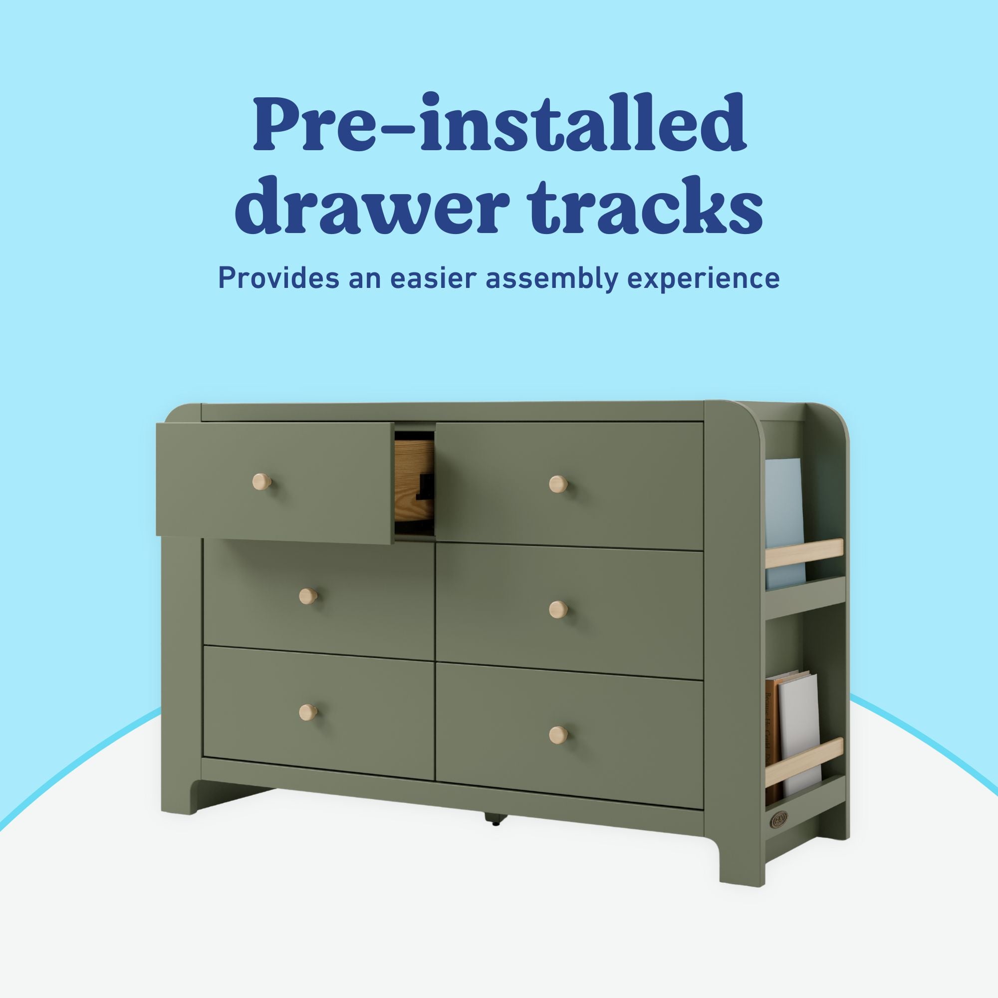 Read-with-Me 6 drawer dresser in olive with driftwood pre-installed drawer tracks callout