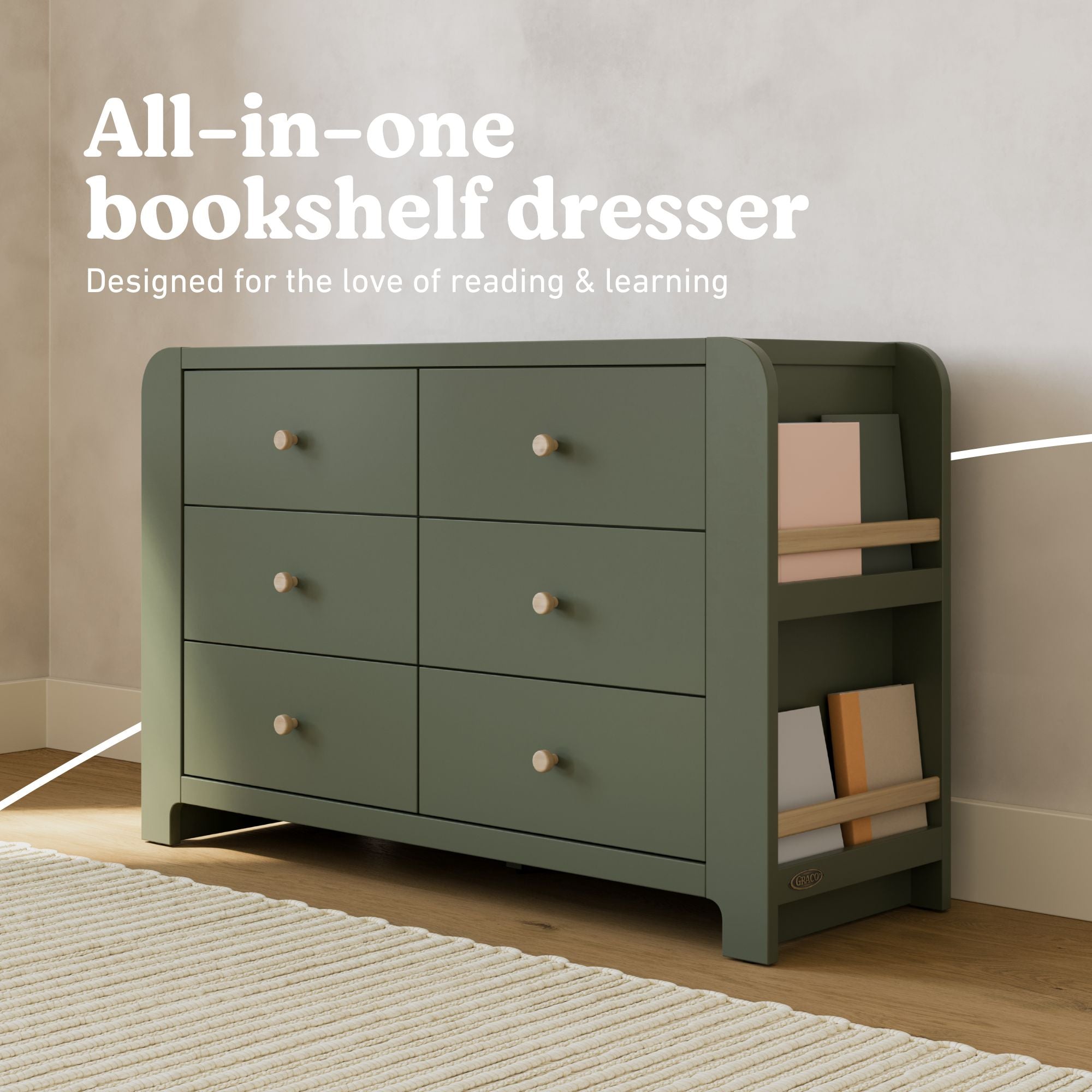 Read-with-Me 6 drawer dresser in olive with driftwood all-in-one callout