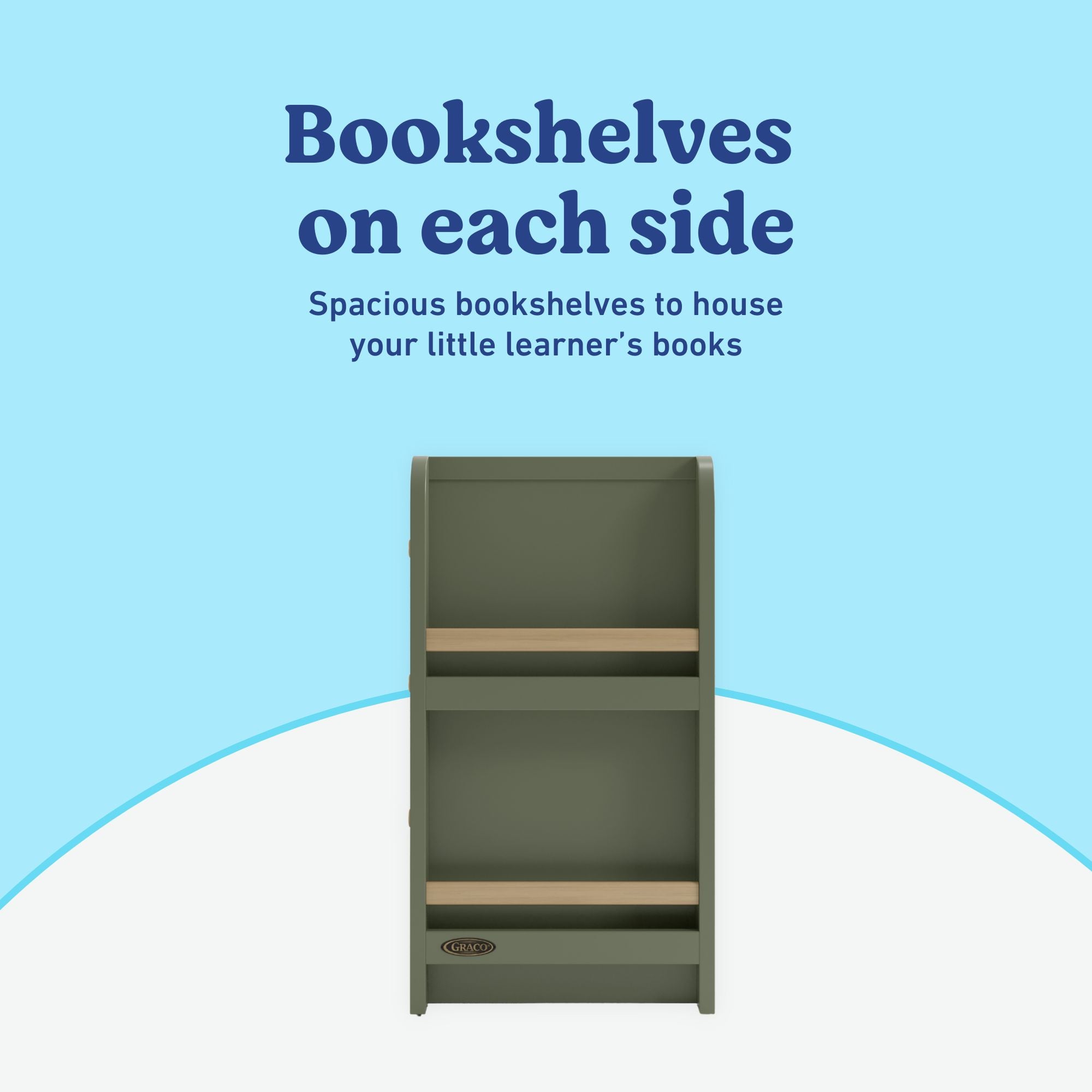 Read-with-Me 6 drawer dresser in olive with driftwood bookshelf callout