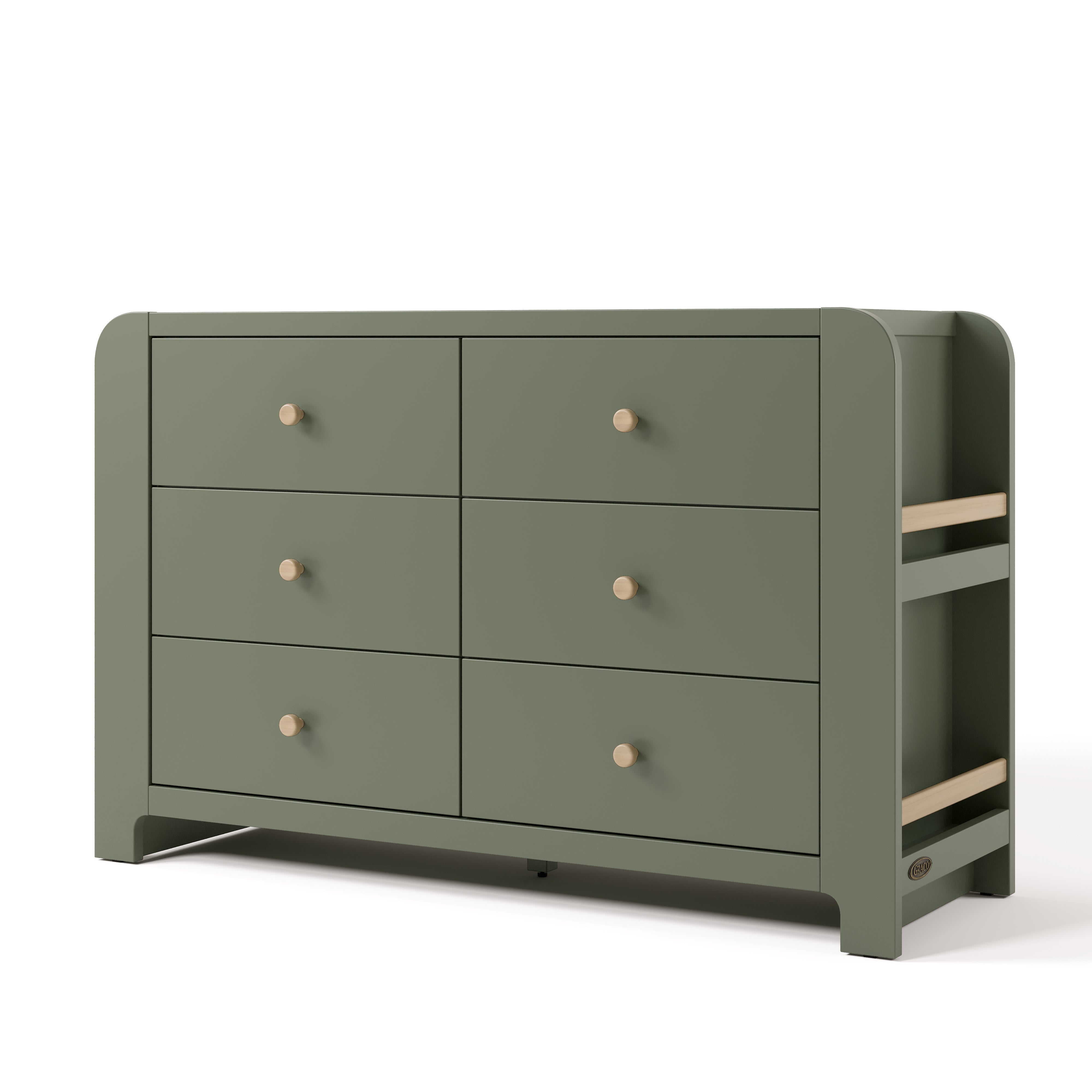 Angle view of Read-with-Me 6 drawer dresser in olive with driftwood