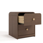 storkcraft santos 2 drawer nightstand hazelnut with driftwood angle view with top drawer open