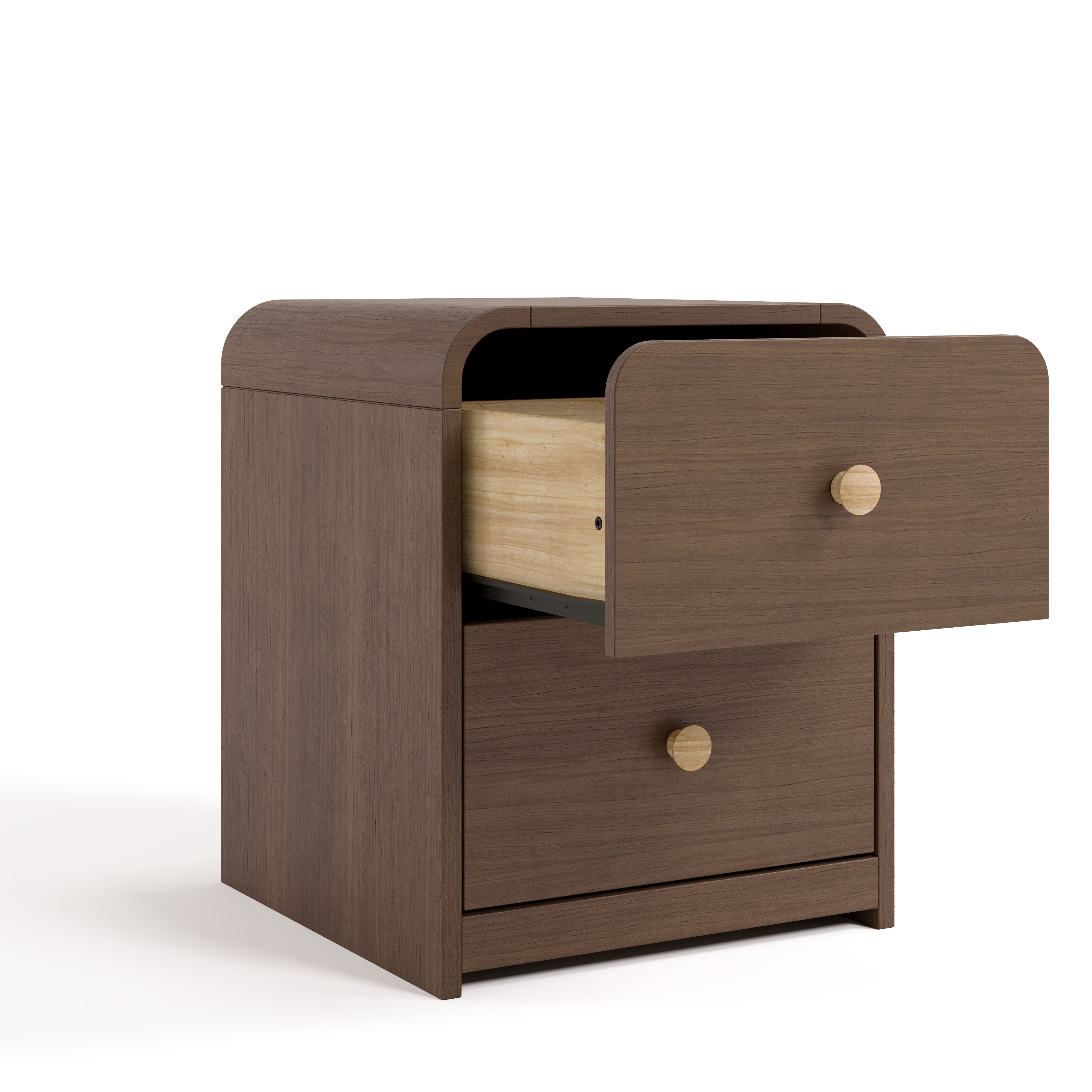 storkcraft santos 2 drawer nightstand hazelnut with driftwood angle view with top drawer open